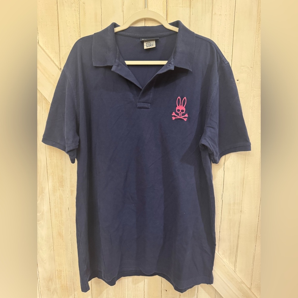 Psycho Bunny Men's Size XXL (9) - Navy Collared Short Sleeve Shirt & Pink Logo